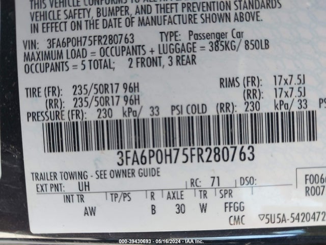 Ford FUSION SE 2015 3FA6P0H75FR280763 Image 9