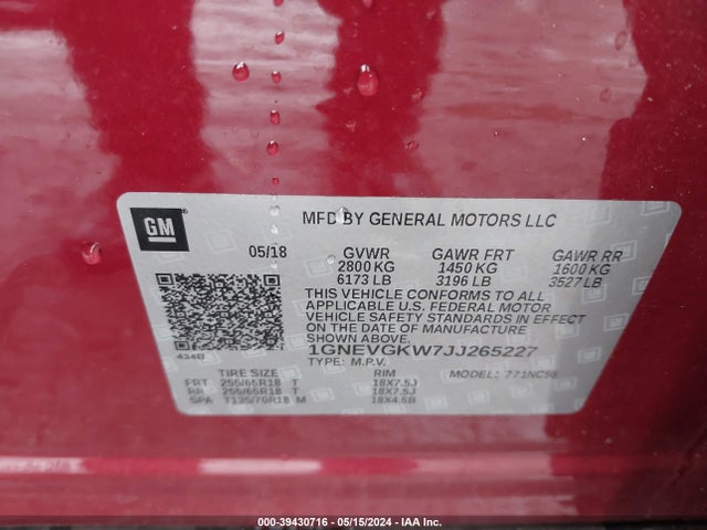 Chevrolet Traverse 1lt 2018 1GNEVGKW7JJ265227 Image 9