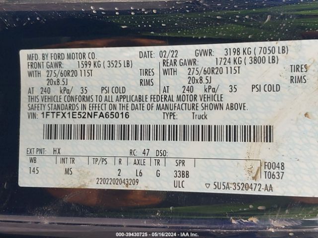 1FTFX1E52NFA65016 Ford F-150 Xlt