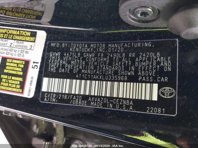 4T1C11AKXLU335968 Toyota CAMRY LE