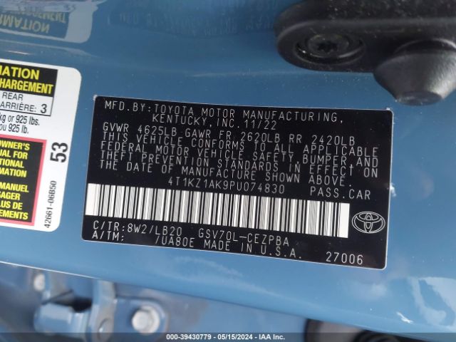 4T1KZ1AK9PU074830 Toyota Camry Xse V6