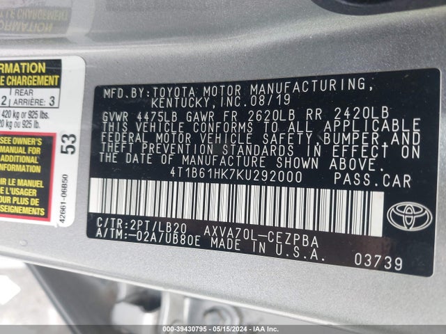 Toyota CAMRY XSE 2019 4T1B61HK7KU292000 Image 9