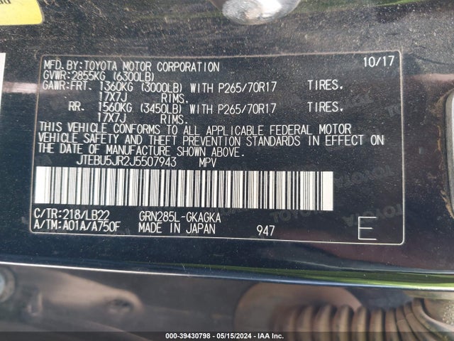 Toyota 4runner Sr5 Premium 2018 JTEBU5JR2J5507943 Image 9