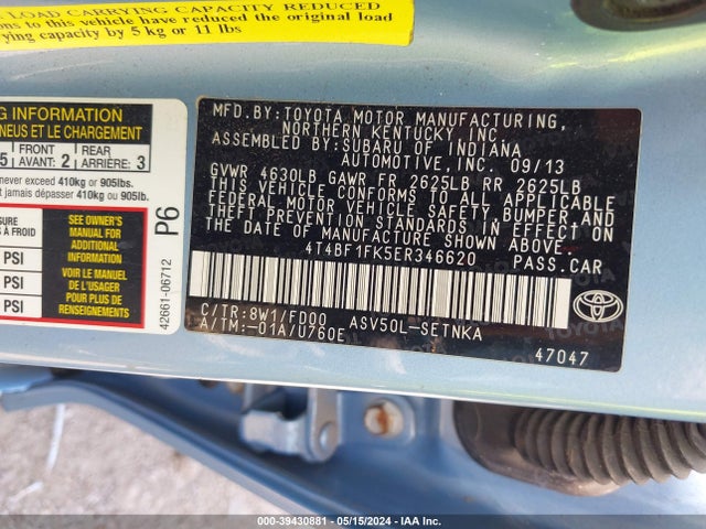 4T4BF1FK5ER346620 Toyota CAMRY LE