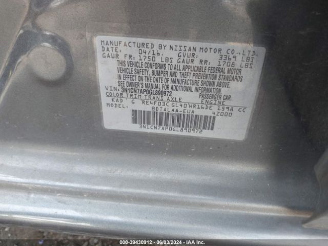 3N1CN7AP0GL890972 Nissan Versa 1.6 S