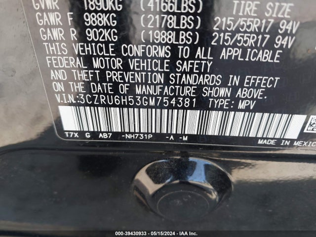 Honda HR-V EX 2016 3CZRU6H53GM754381 Image 9