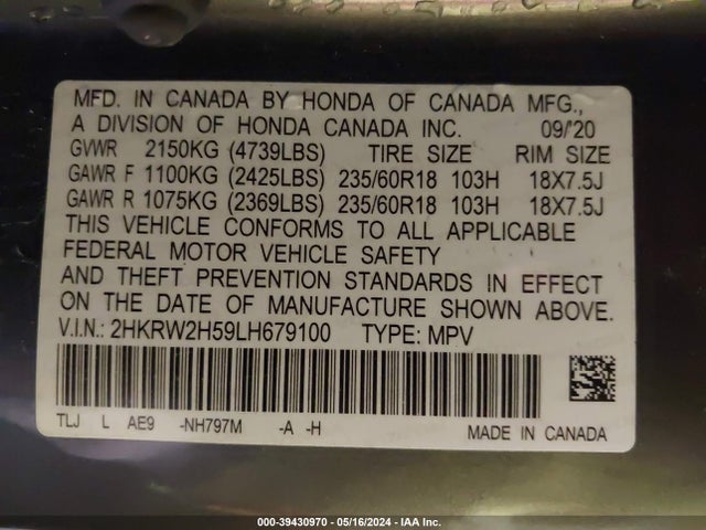 Honda Cr-v Awd Ex 2020 2HKRW2H59LH679100 Image 9