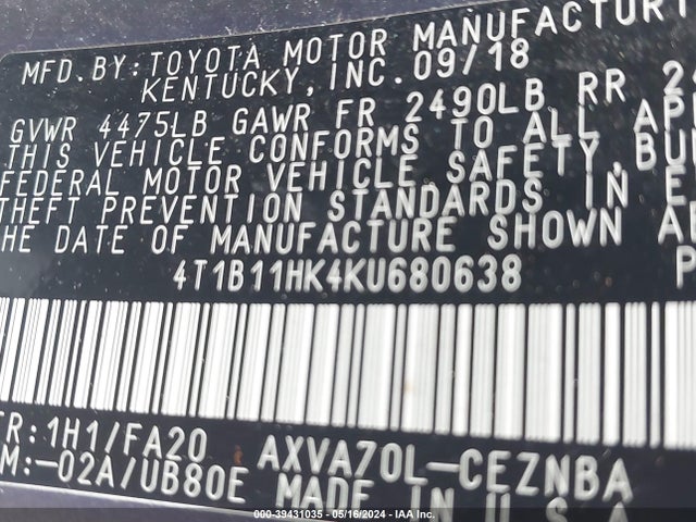 Toyota CAMRY LE 2019 4T1B11HK4KU680638 Image 9