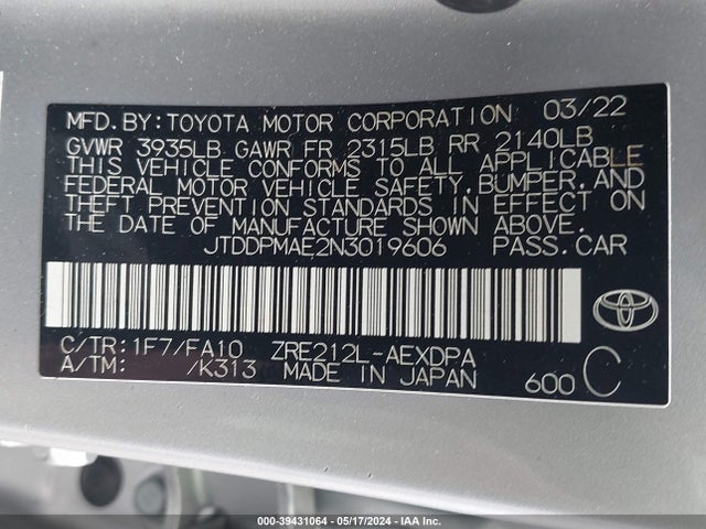 Toyota COROLLA L 2022 JTDDPMAE2N3019606 Image 9