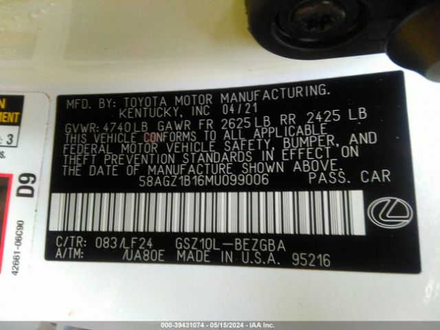 58AGZ1B16MU099006 Lexus Es 350 F Sport