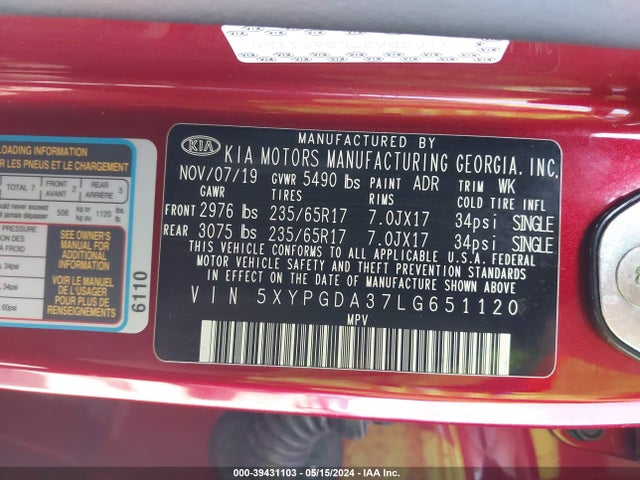 KIA Sorento 2.4l Lx 2020 5XYPGDA37LG651120 Image 9