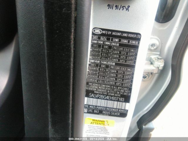SALVP2BG4EH937183 Land Rover Range Rover Evoque Pure