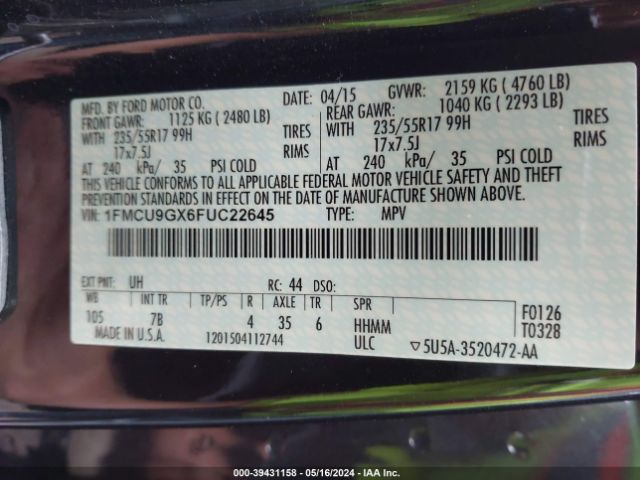 1FMCU9GX6FUC22645 Ford ESCAPE SE
