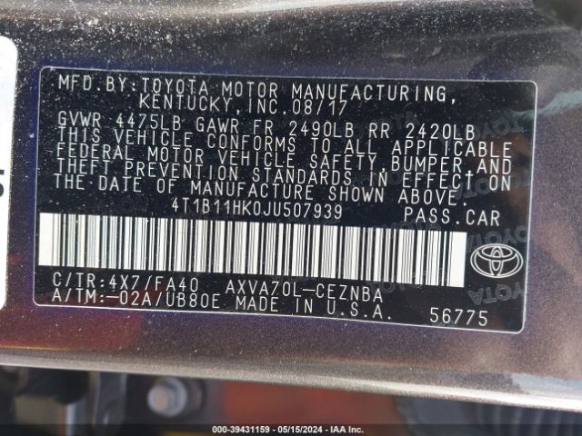 4T1B11HK0JU507939 Toyota CAMRY LE