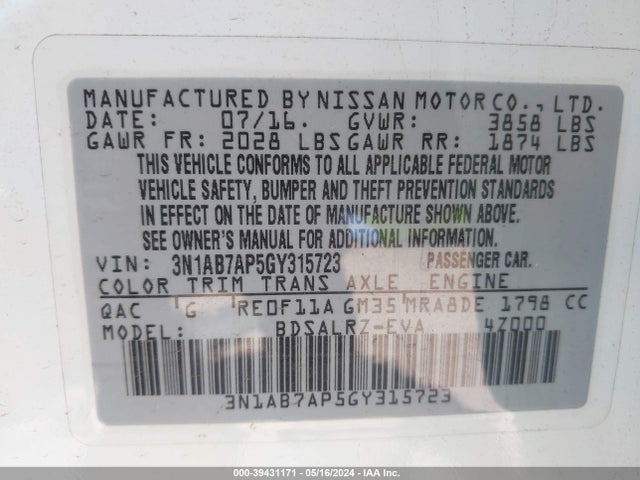 Nissan SENTRA SR 2016 3N1AB7AP5GY315723 Image 9