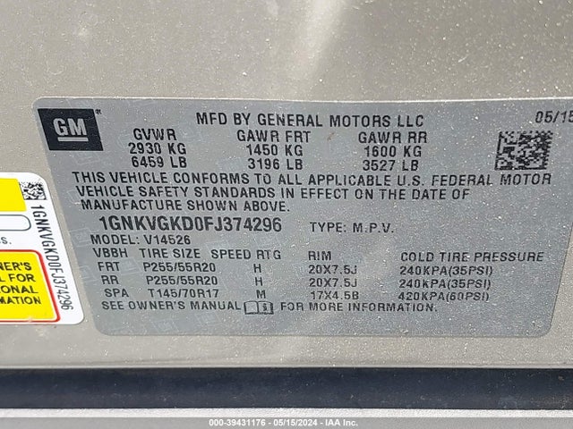 Chevrolet Traverse 1lt 2015 1GNKVGKD0FJ374296 Image 9