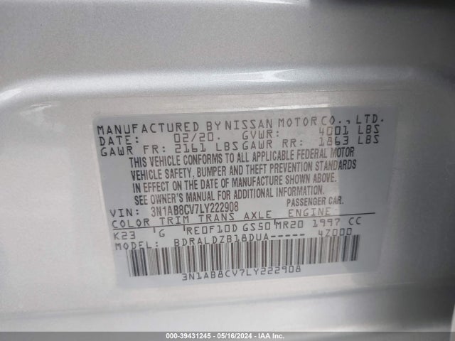 Nissan Sentra Sv Xtronic Cvt 2020 3N1AB8CV7LY222908 Image 9