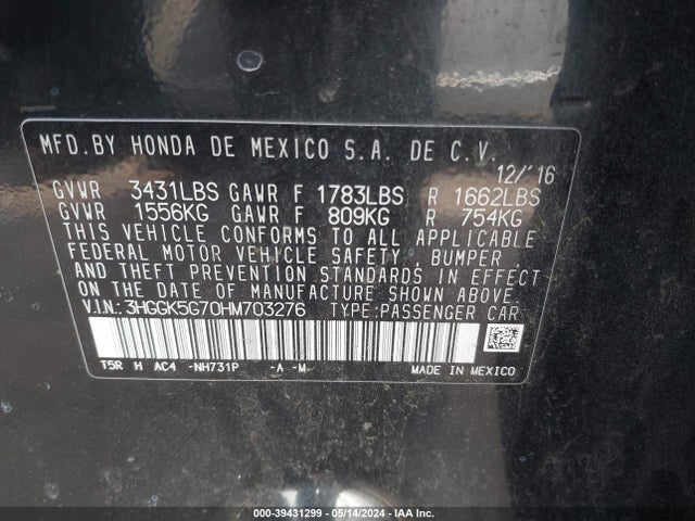 Honda FIT EX 2017 3HGGK5G70HM703276 Image 9
