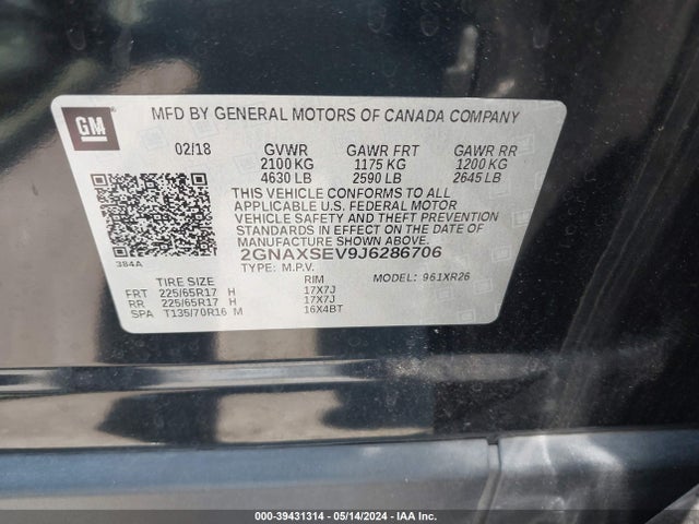 Chevrolet EQUINOX LT 2018 2GNAXSEV9J6286706 Image 9