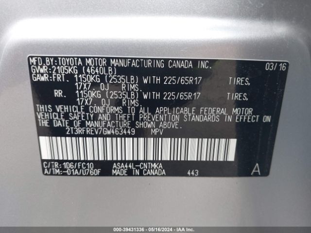 2T3RFREV7GW463449 Toyota Rav4 Xle