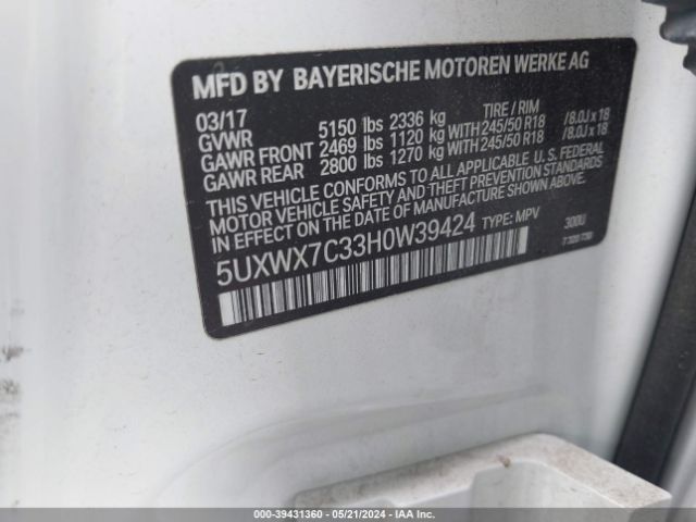 5UXWX7C33H0W39424 BMW X3 Xdrive35i