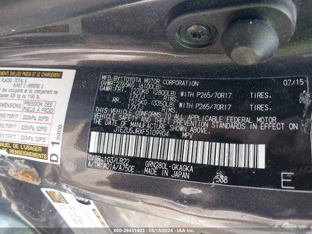 Toyota 4runner Sr5 Premium 2015 JTEZU5JRXF5109904 Image 9