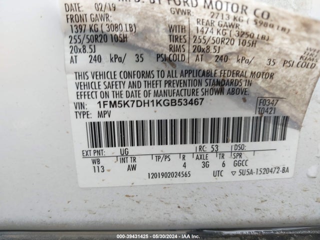 Ford EXPLORER XLT 2019 1FM5K7DH1KGB53467 Image 9