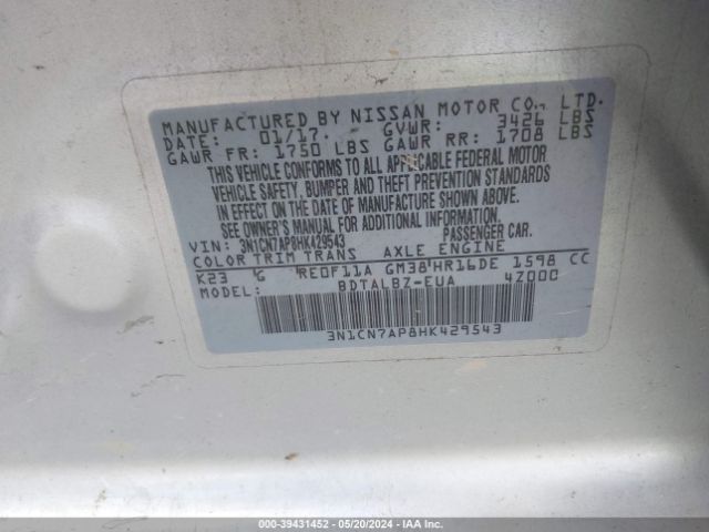 3N1CN7AP8HK429543 Nissan Versa 1.6 Sv