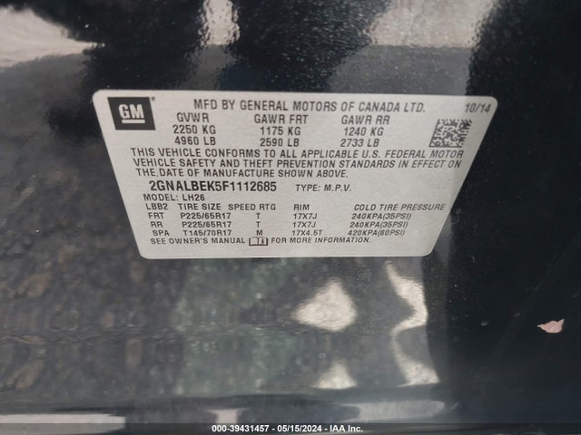 Chevrolet EQUINOX 1LT 2015 2GNALBEK5F1112685 Image 9