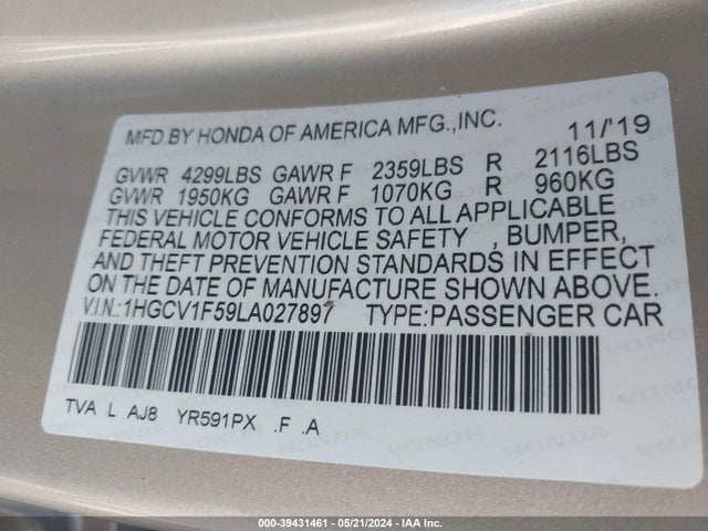Honda Accord Ex-l 2020 1HGCV1F59LA027897 Image 9