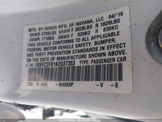19XFC2F81KE037353 Honda Civic Sport