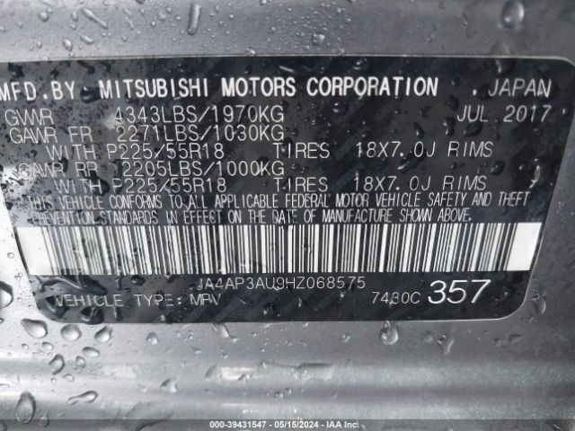 JA4AP3AU9HZ068575 Mitsubishi Outlander Sport 2.0 Le