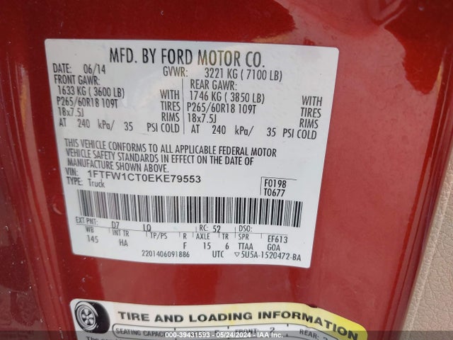 Ford F-150 Lariat 2014 1FTFW1CT0EKE79553 Image 9