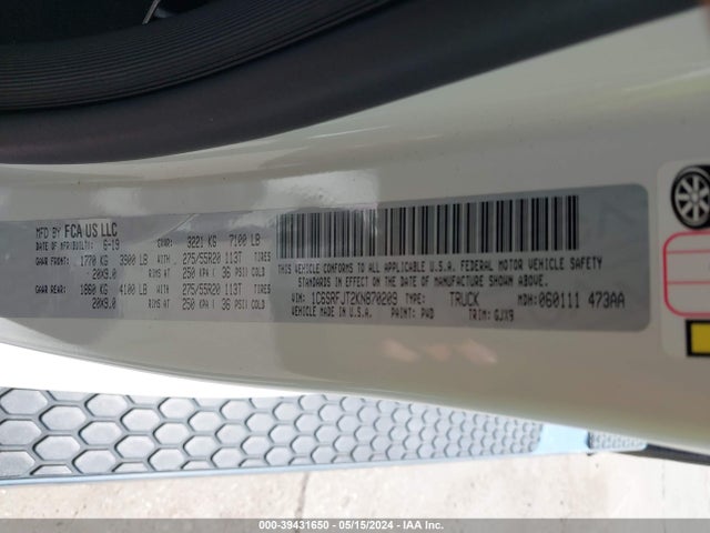 Aukcja sprzedaży 2019 Ram 1500 Laramie  4x4 5'7 Box, vin: 1C6SRFJT2KN870209, numer aukcji: 39431650