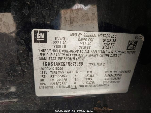 1GKS1AKC9FR675180 GMC YUKON SLE