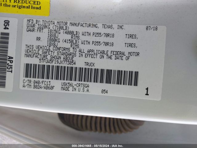 5TFUW5F19JX773054 Toyota Tundra Sr5 5.7l V8