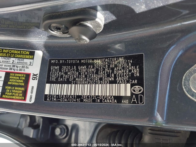 Toyota COROLLA L 2014 2T1BURHE2EC191693 Image 9
