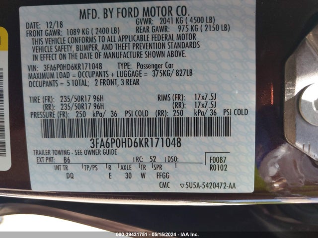 Ford FUSION SE 2019 3FA6P0HD6KR171048 Image 9