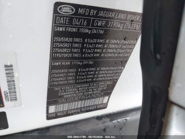 SALGS3EFXGA292521 Land Rover Range Rover 5.0l V8 Supercharged