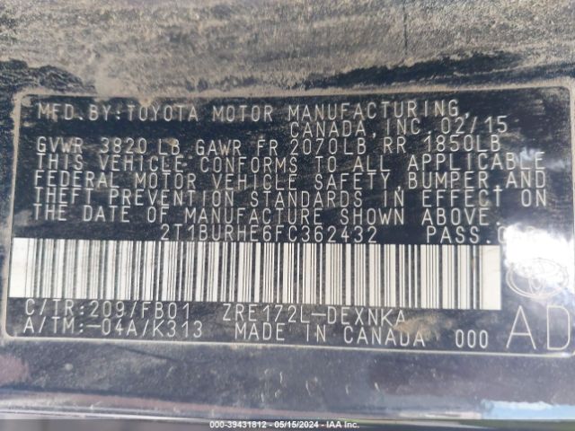 2T1BURHE6FC362432 Toyota COROLLA LE