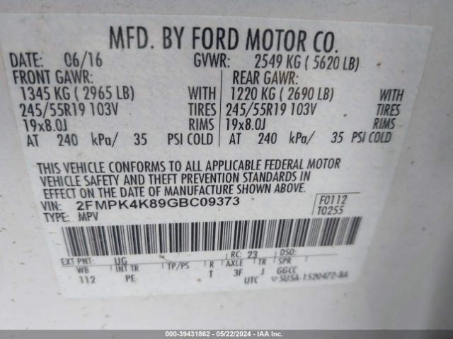 2FMPK4K89GBC09373 Ford Edge Titanium