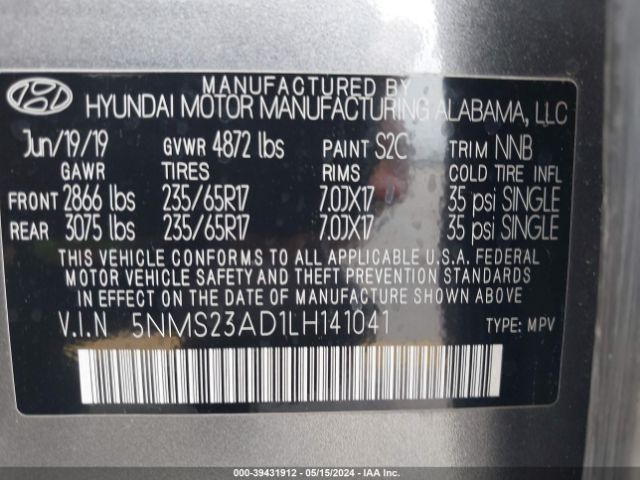 5NMS23AD1LH141041 Hyundai Santa Fe Se