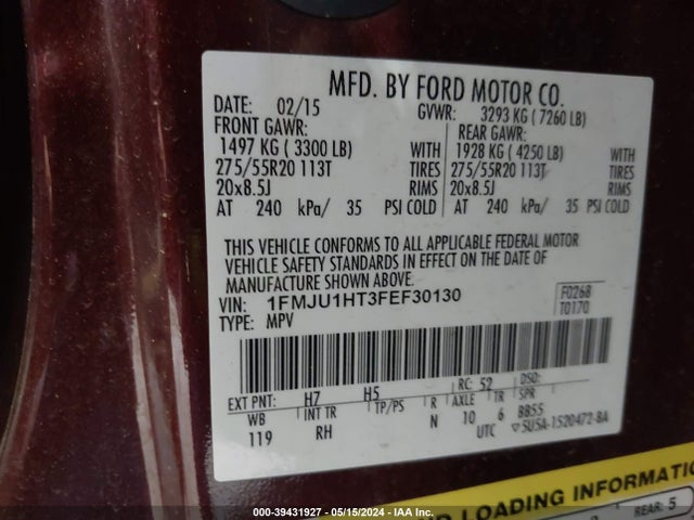 Ford Expedition King Ranch 2015 1FMJU1HT3FEF30130 Image 9