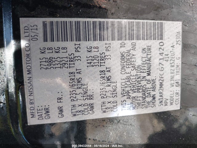 Nissan Pathfinder Platinum/s/sl/sv 2015 5N1AR2MM2FC671420 Image 9