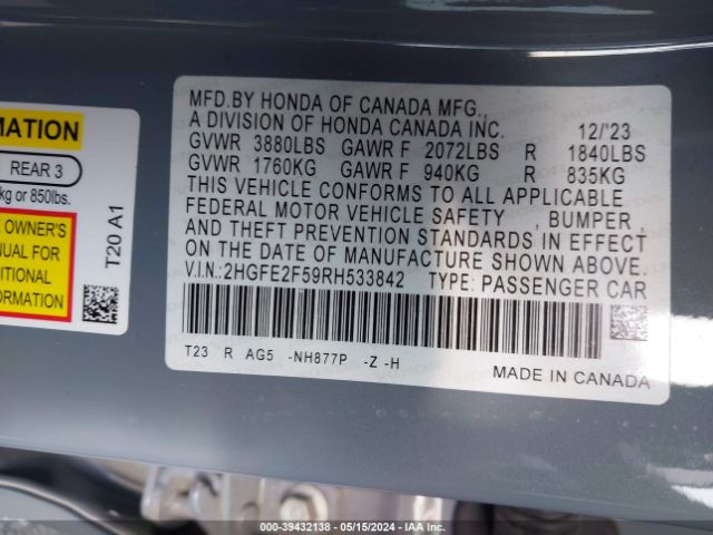 2HGFE2F59RH533842 Honda Civic Sport