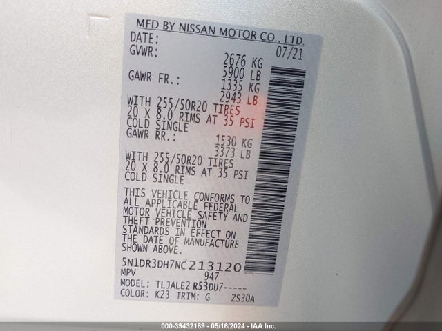 Nissan Pathfinder Platinum 2wd 2022 5N1DR3DH7NC213120 Image 9