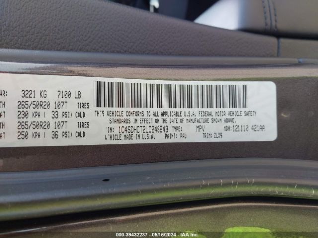 1C4SDHCT2LC248643 Dodge Durango R/t Rwd