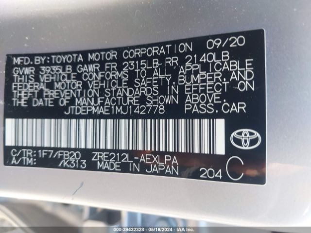 JTDEPMAE1MJ142778 Toyota COROLLA LE