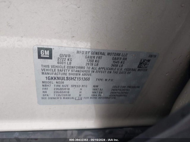 GMC Acadia Slt-1 2017 1GKKNULS6HZ151368 Image 9