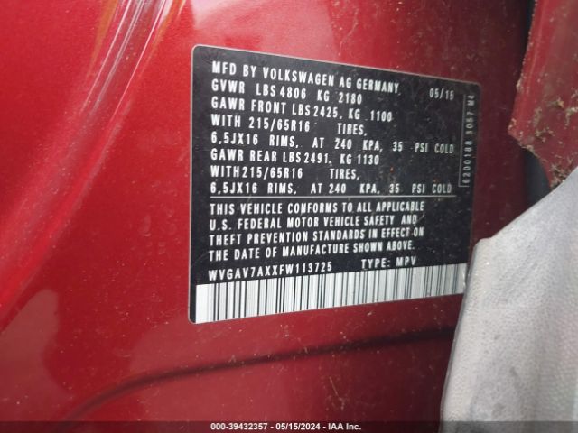 WVGAV7AXXFW113725 Volkswagen TIGUAN S